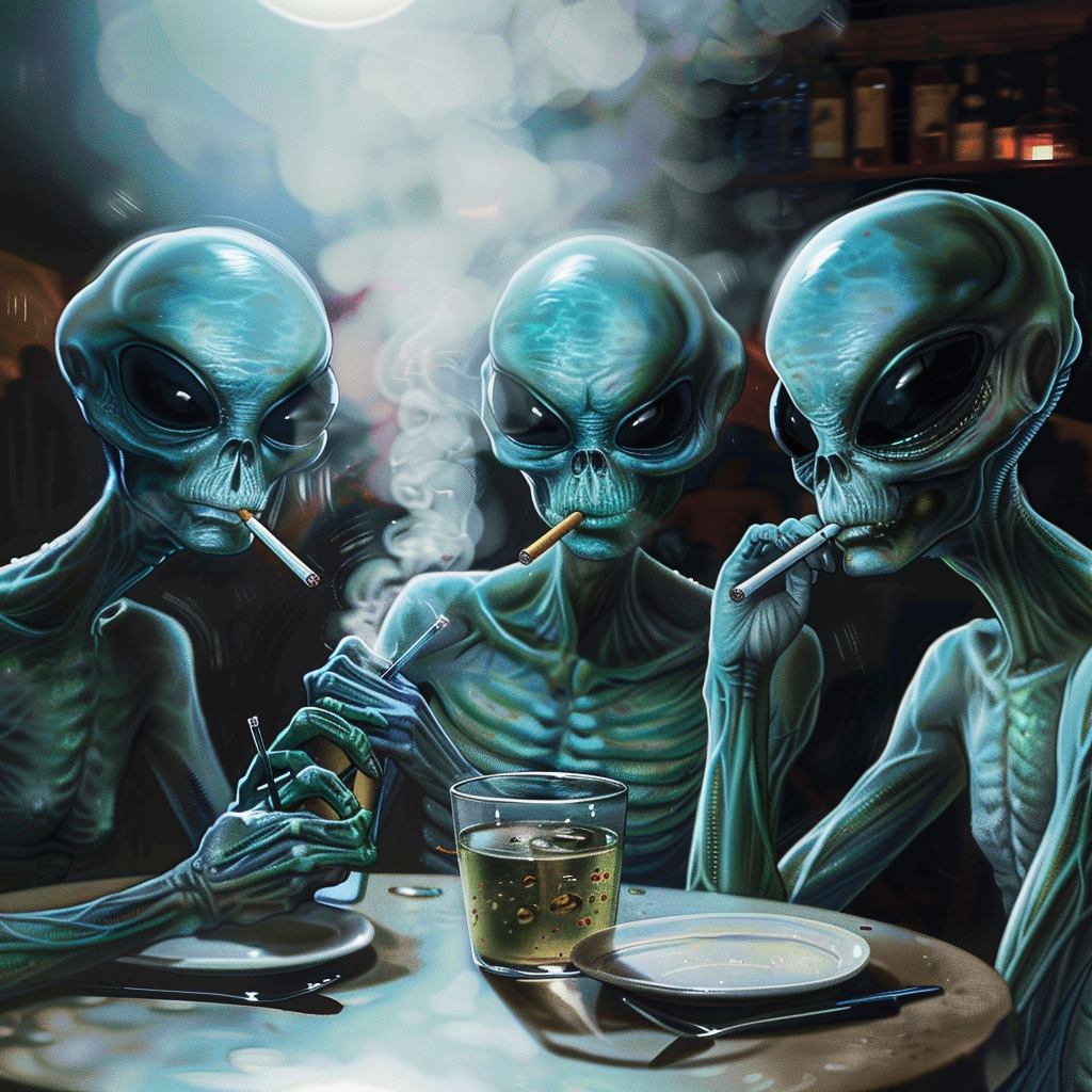 Aliens enjoying drinks and cigarettes