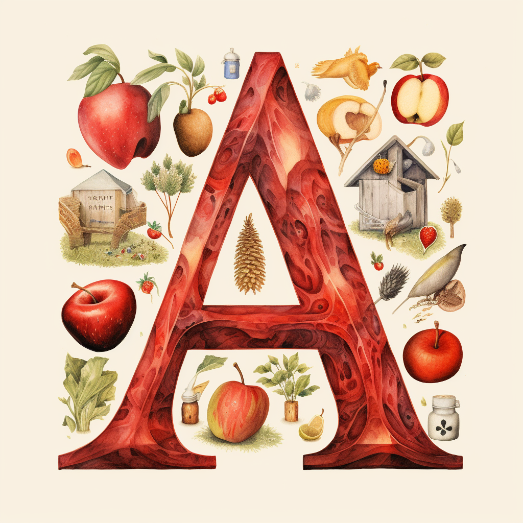 Illustration of letter A with apple and acorn