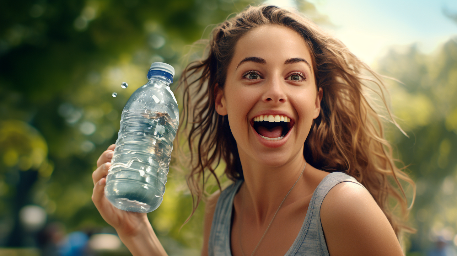 Smiling woman enjoying mineral water at the park