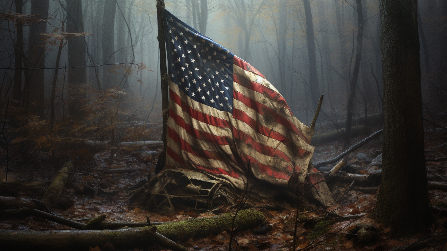 Abandoned American flag in woodland forest