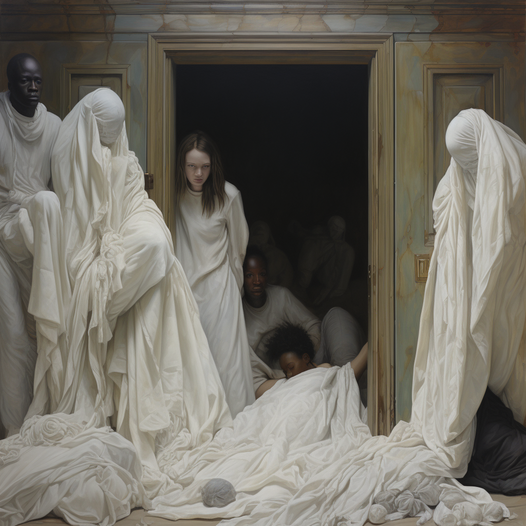 Ancestors surrounding a bed in front of a white door