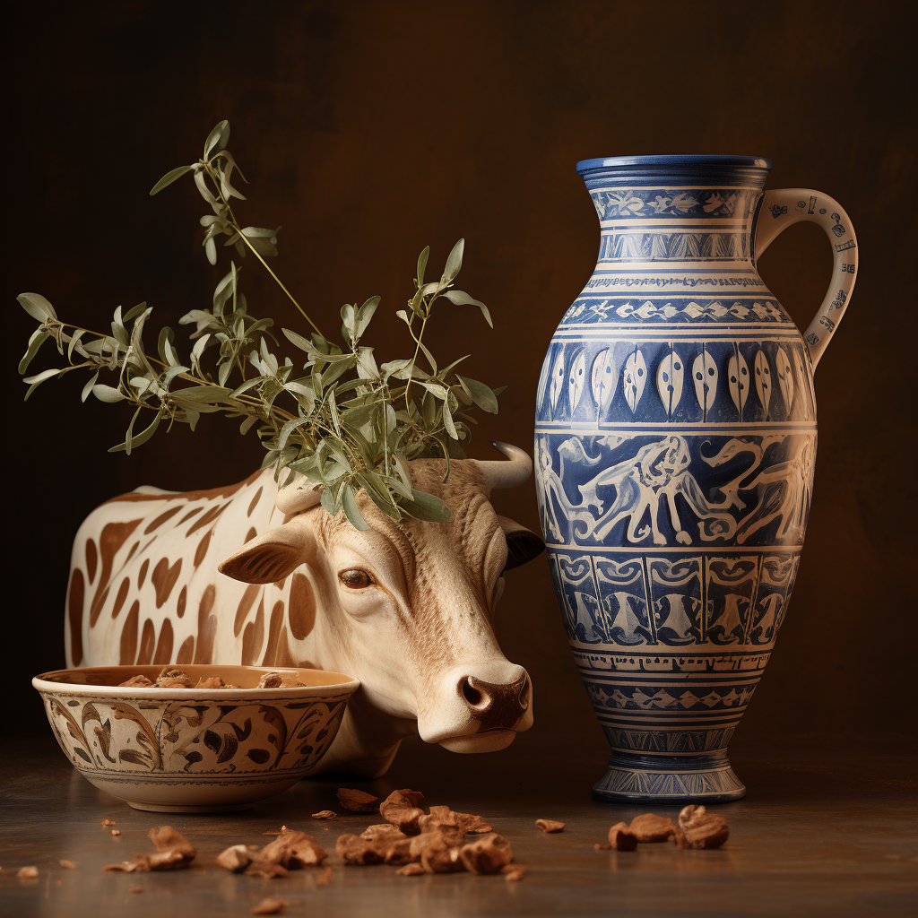 Ancient Greek Artwork featuring Cow and Glass of Milk