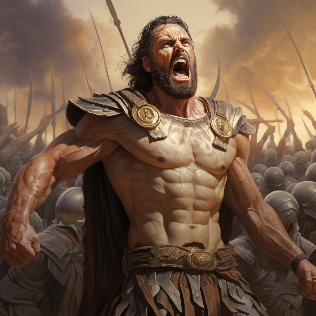 Muscular ancient man shouting in war scene