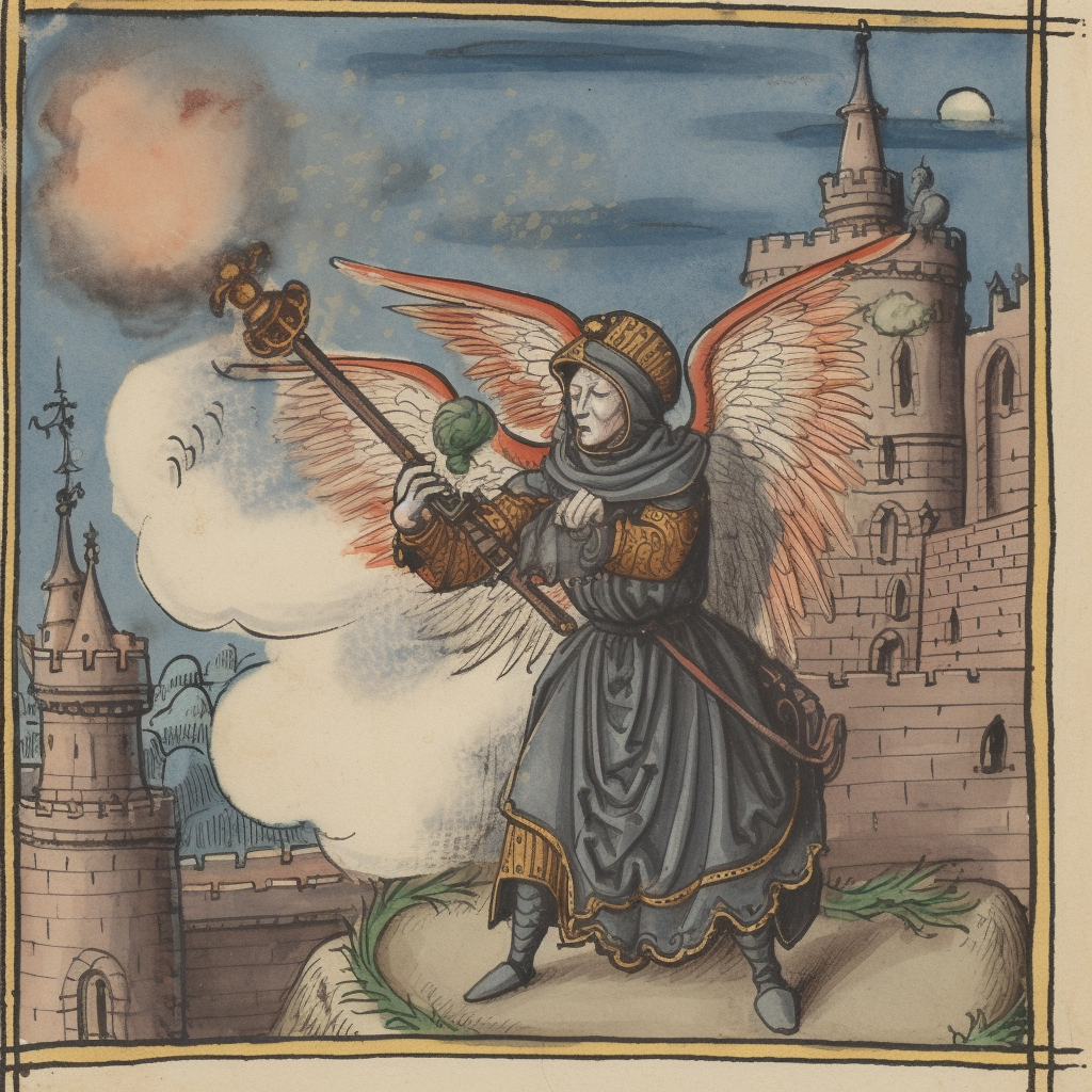 Medieval angel with sword on smoky battlefield