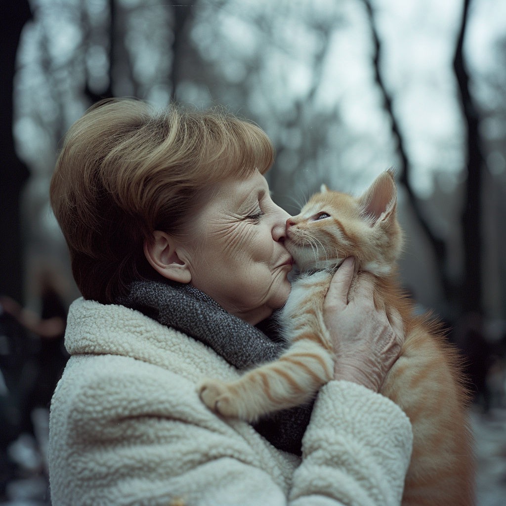 Angela Merkel with physically challenged kitten