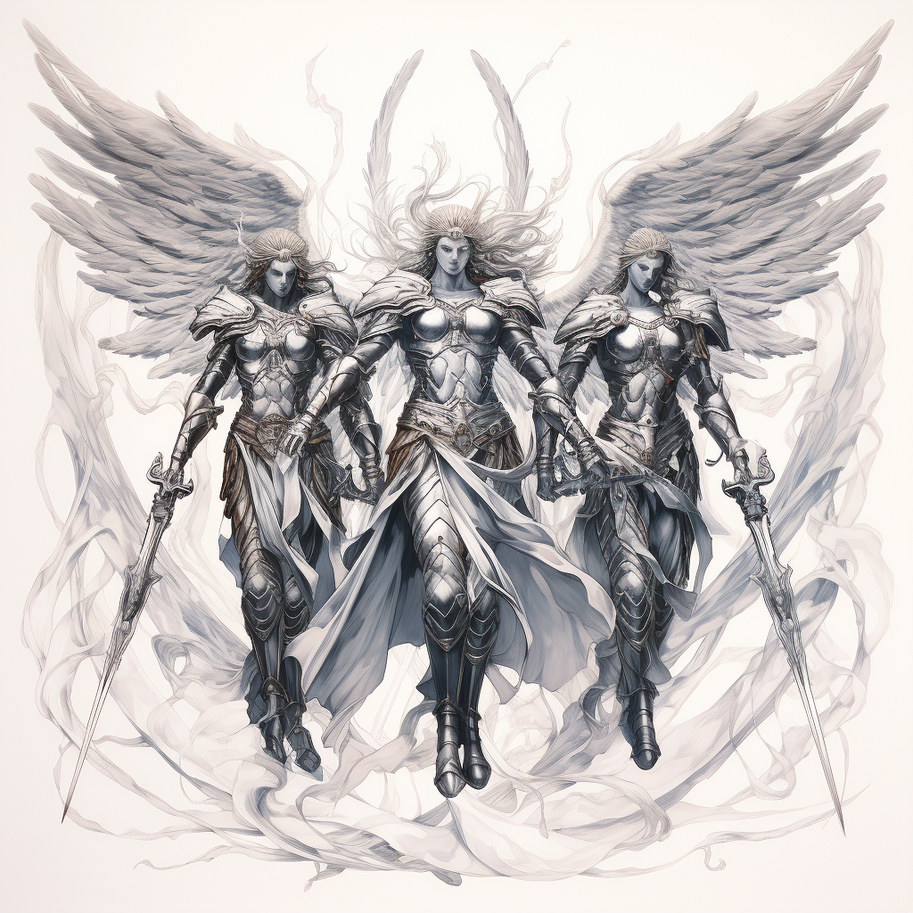 Three angels with swords battle demons