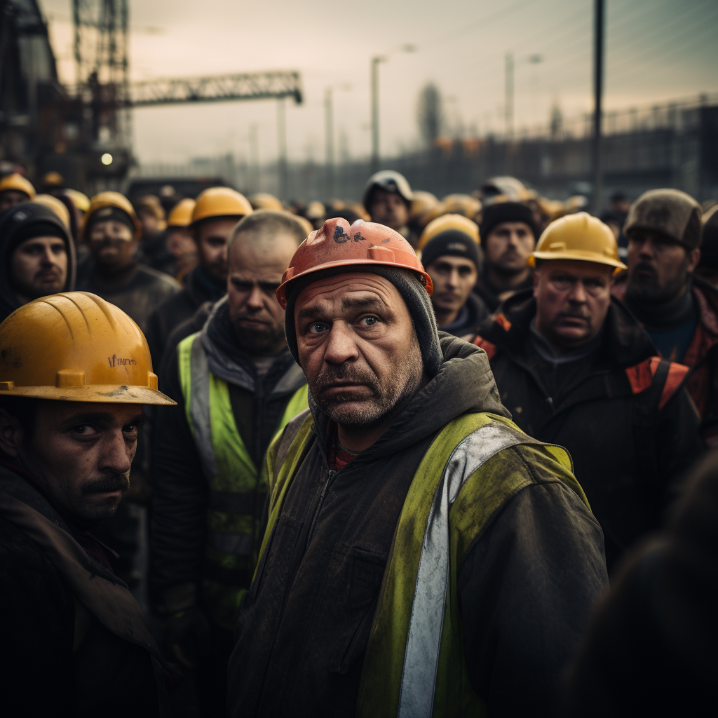 Group of Angry Construction Workers at Security Checkpoint