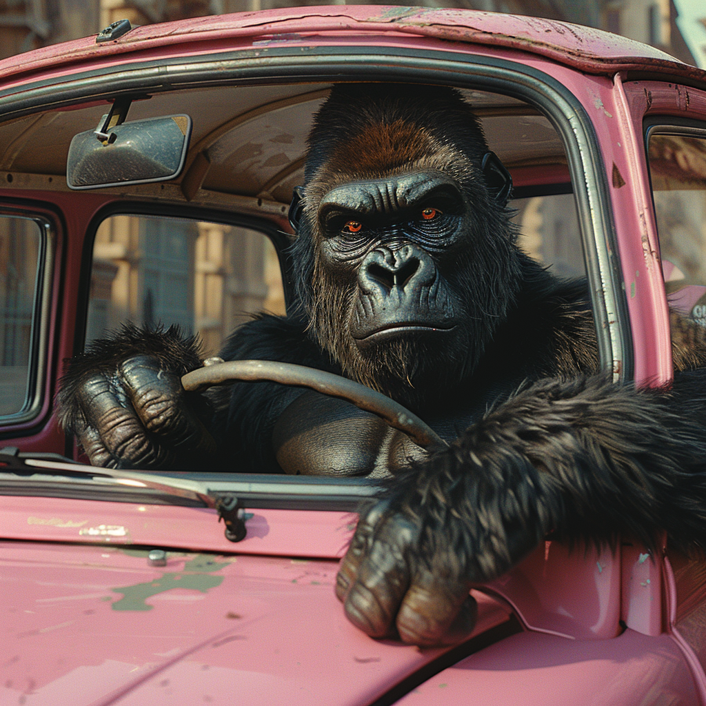 Angry Gorilla in Pink Fiat Car