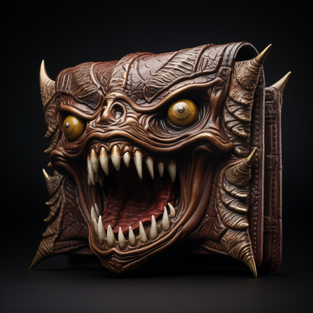 Angry leather wallet monster with coin teeth and dollar bill tongue.