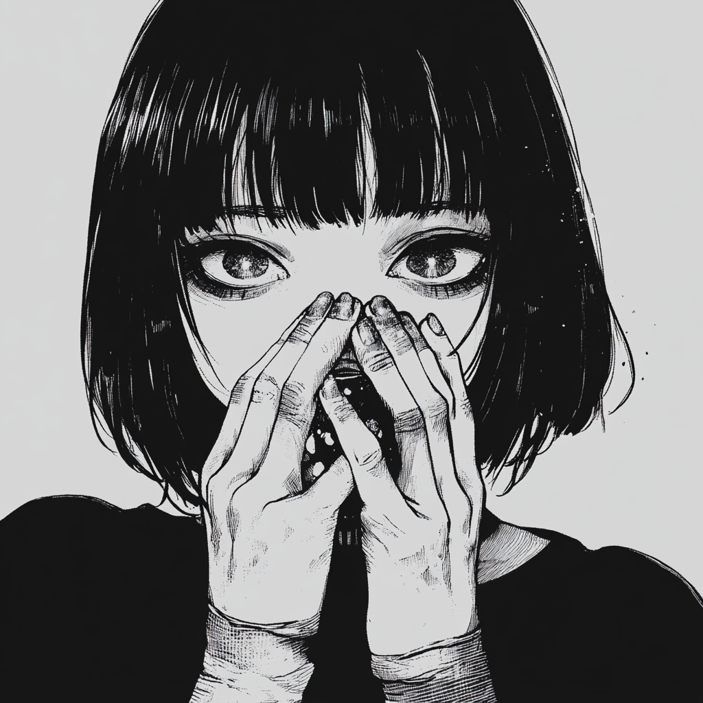 anime girl with short hair, demon eyes, hands covering mouth