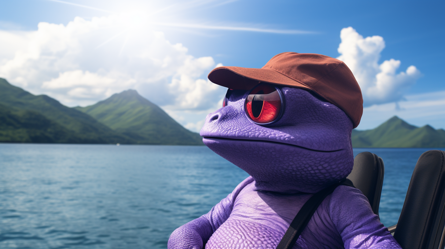 Purple anime Pepe meme on vacation