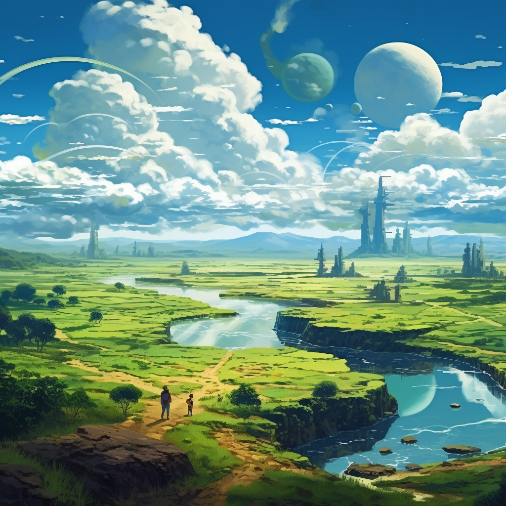 Anime Style Landscape with Alien Creatures Grazing