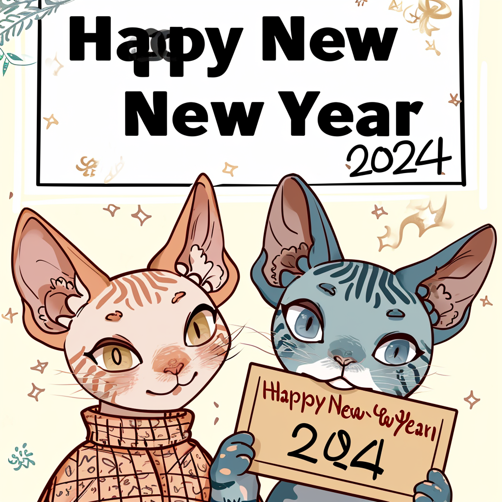 Cute cats holding  Happy New Year 2024  sign