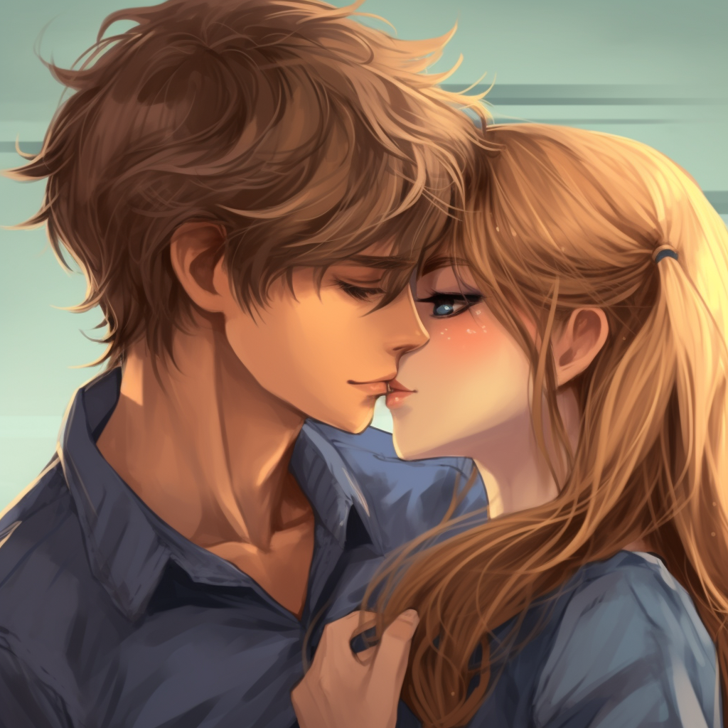 Anime boy and girl sharing a passionate kiss