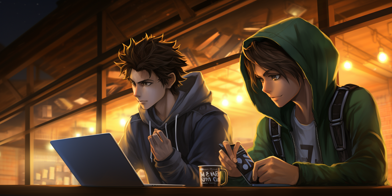 Two boyish guys playing PC game together