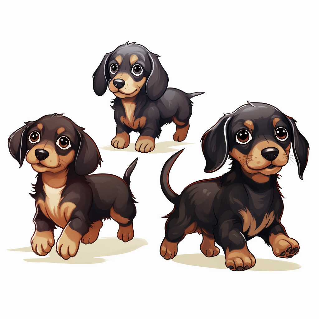 Three cute dachshund dogs in anime cartoon style