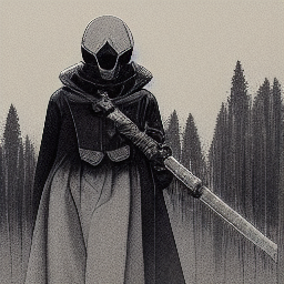 Dark fantasy hooded figure holding greatsword