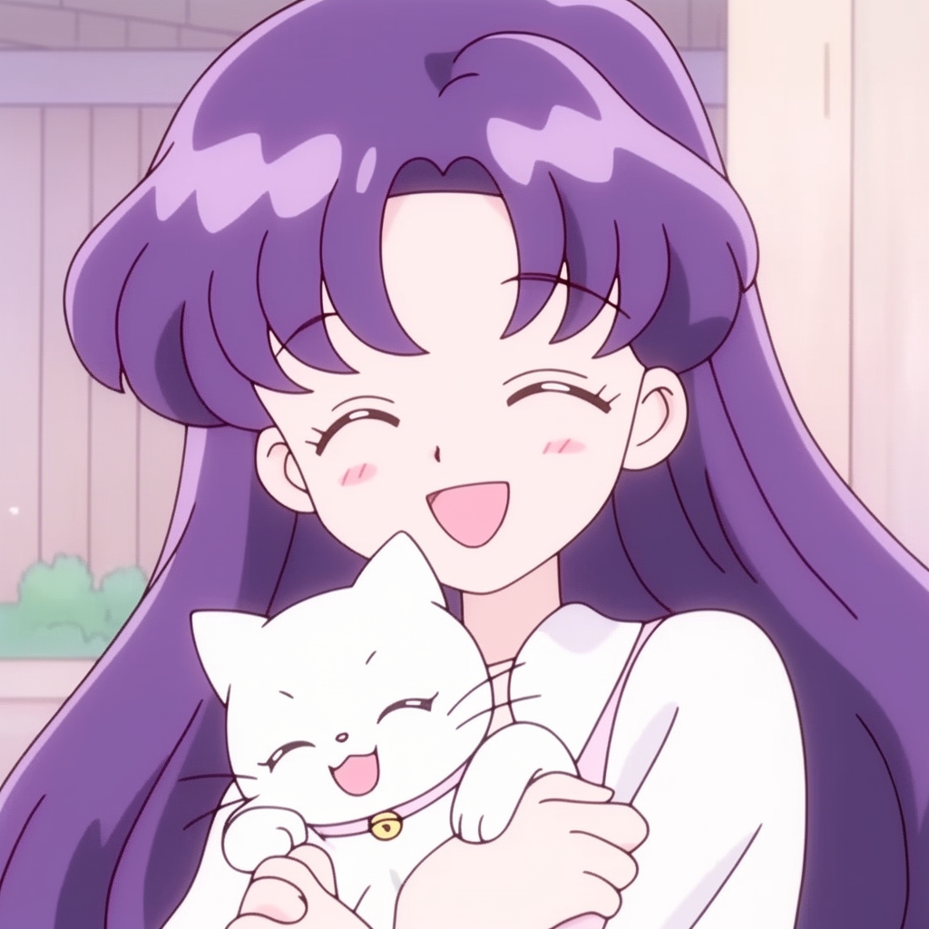 Anime girl with long purple hair holding a white cat