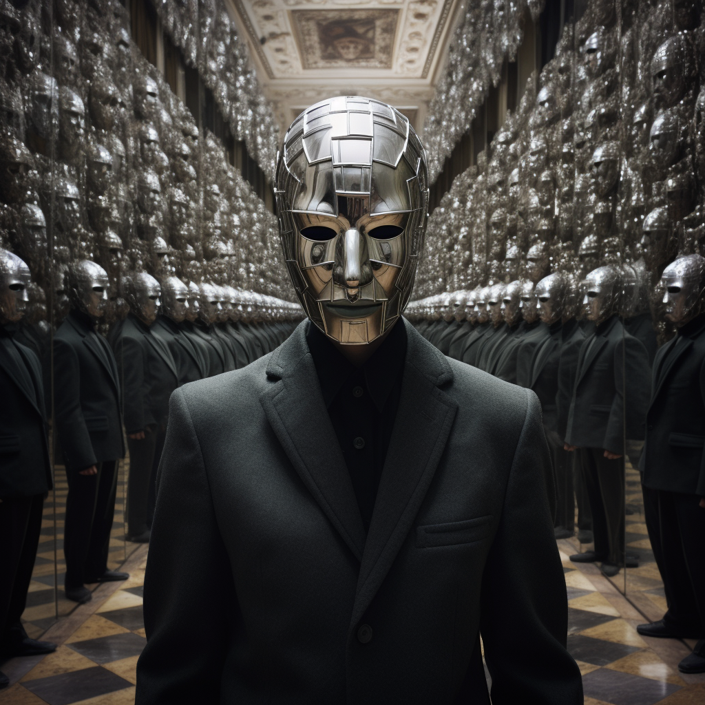 Man wearing anonymous mask in surreal hall of mirrors