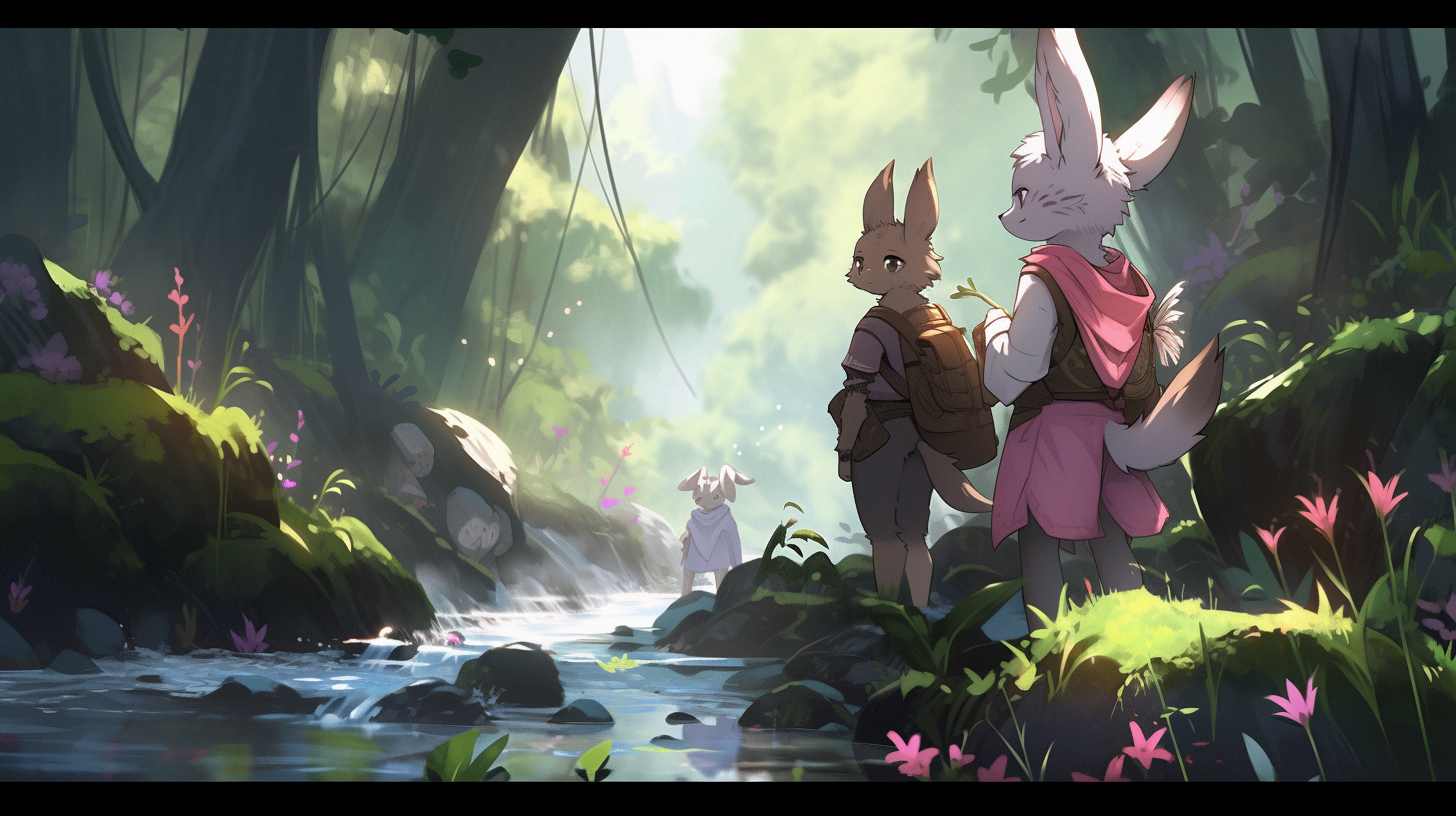 Cute anthro female wolf and bunny in forest