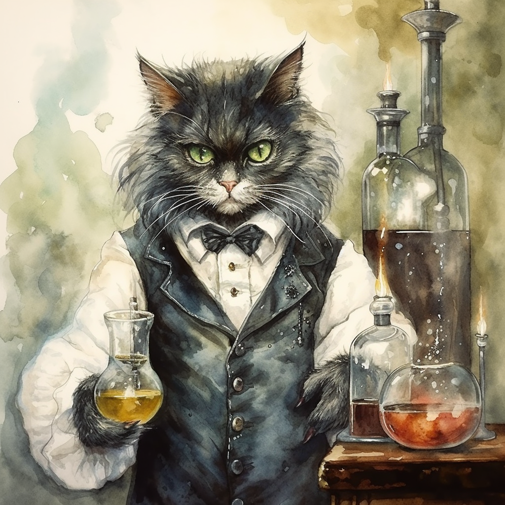 Funny anthropomorphic cat mad scientist image