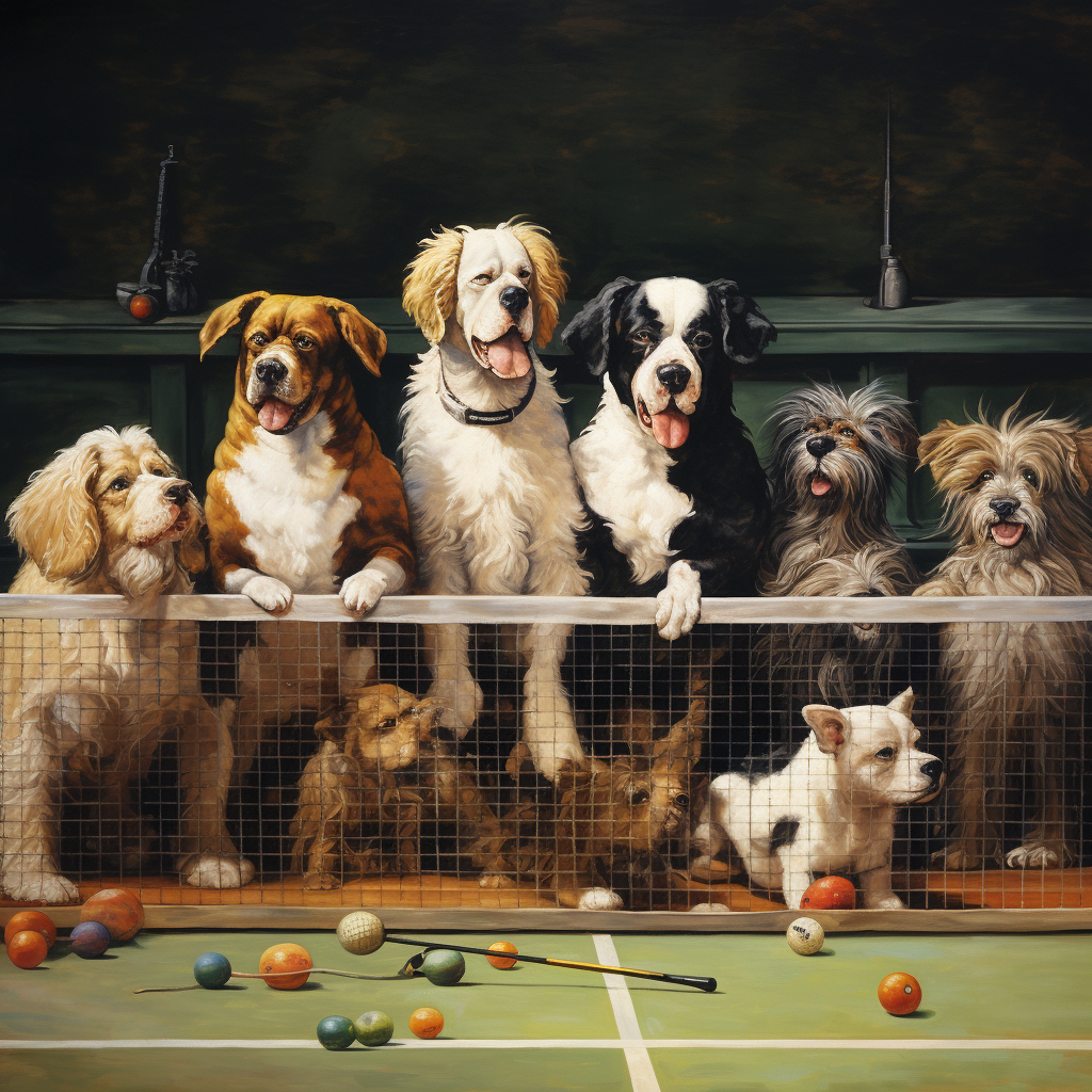 Anthropomorphic dogs playing tennis