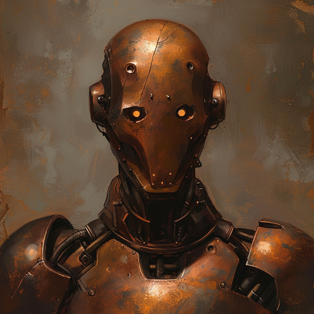 Copper-armored anthropomorphic droid in artwork