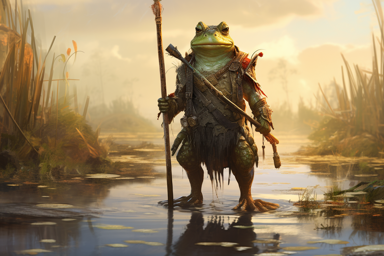 Anthropomorphic frog warrior wielding spear in swamp