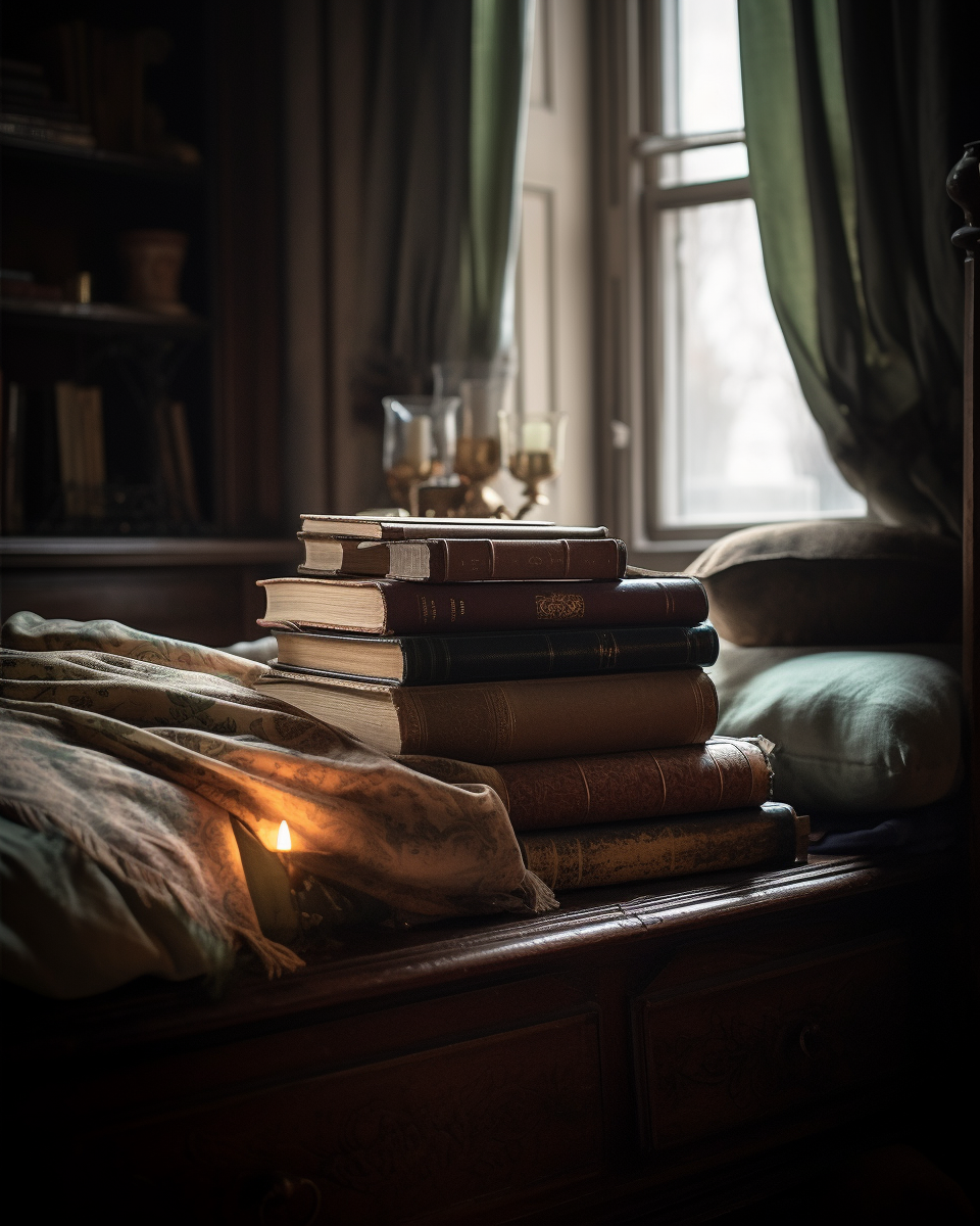 Close up of antique leather bound books