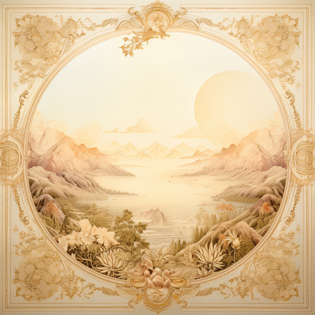 Symmetrical landscape in antique style with beige and gold