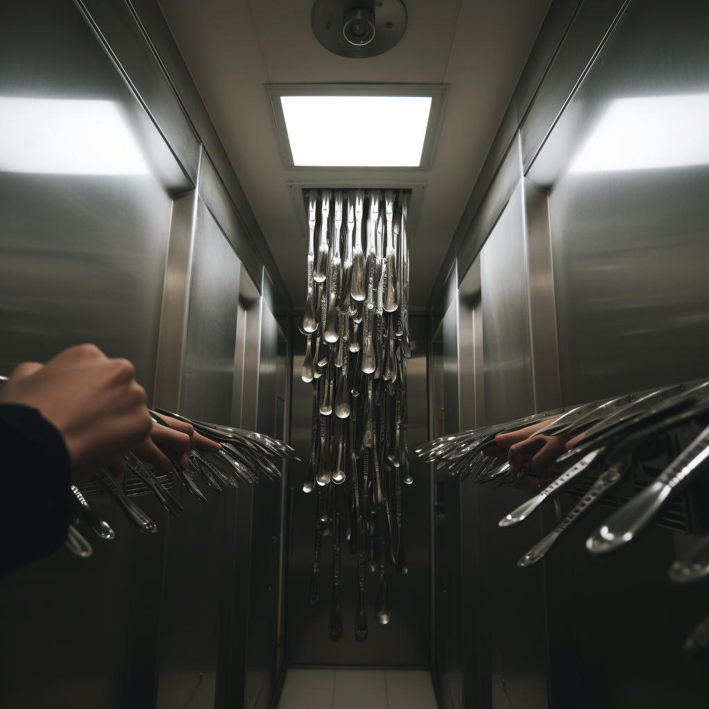 People-sized dinner forks in apartment elevator