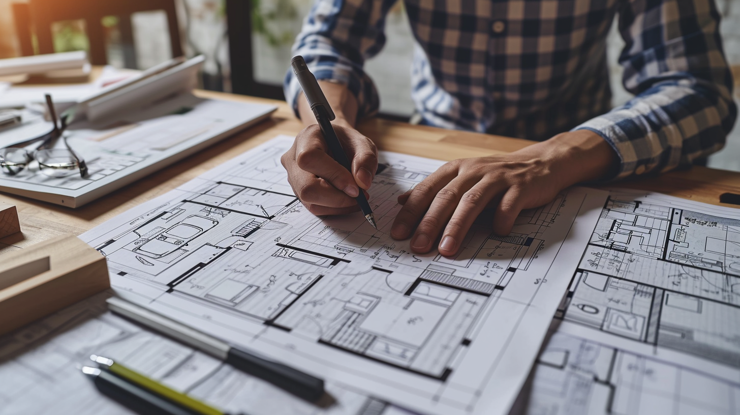 Architect drawing plan organizing rooms blueprint