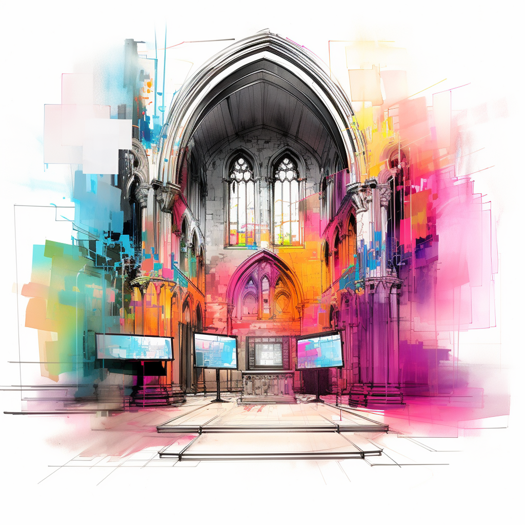 Colorful architectural projector screen inside church