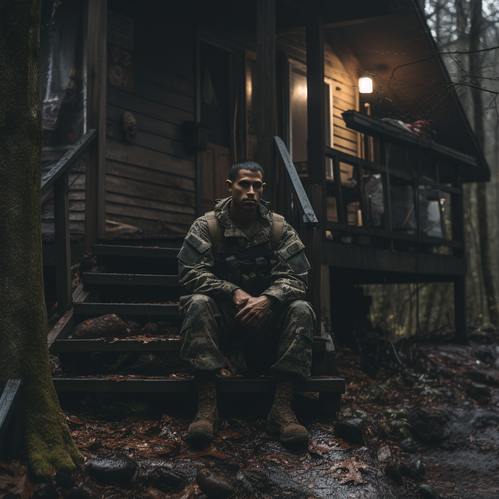 Soldier Relaxing on Cabin Stoop