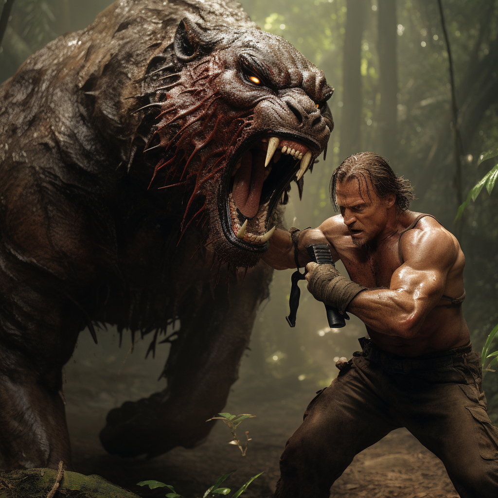 Arnold Schwarzenegger battling fierce jungle tiger