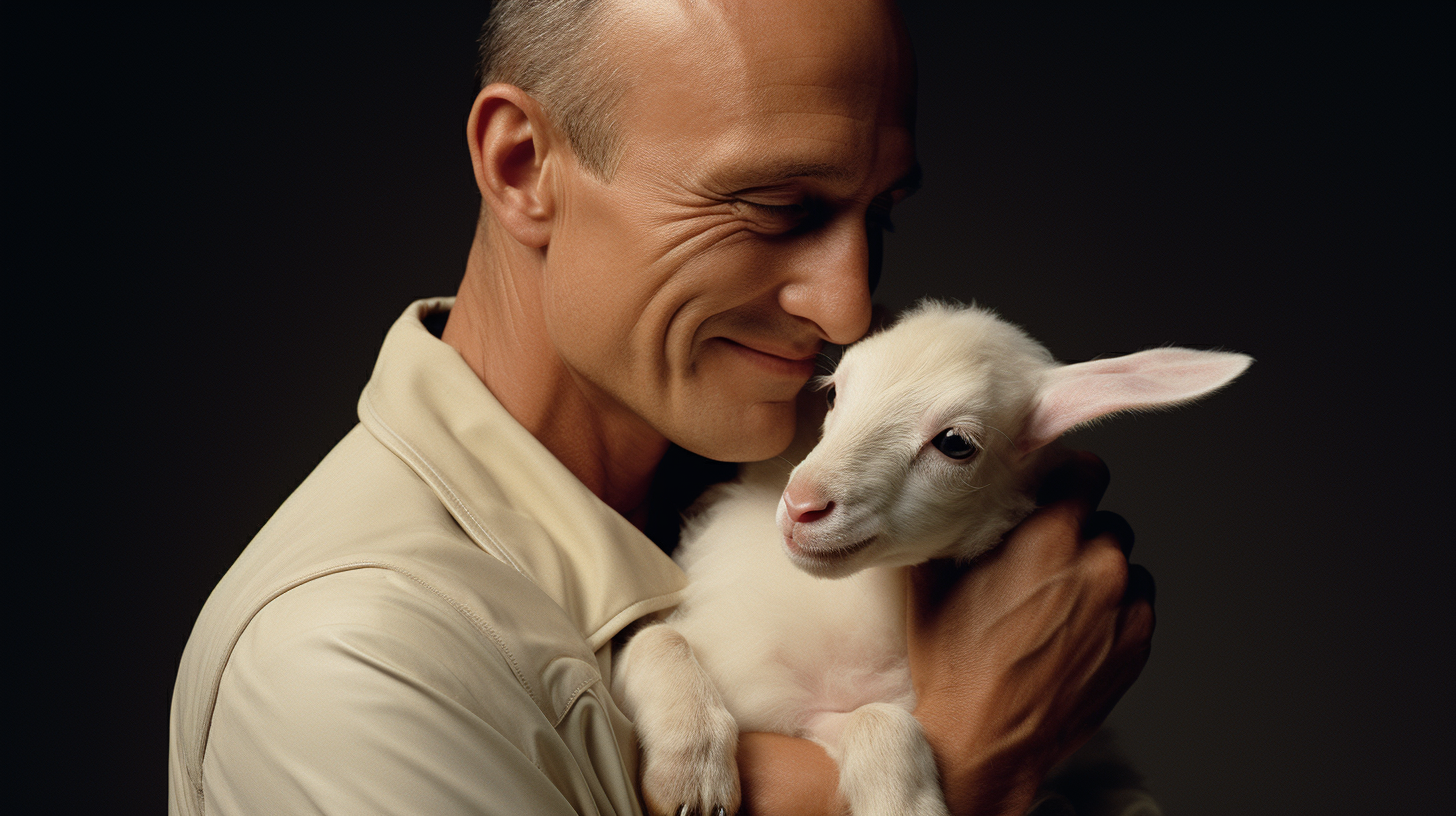 Arnold Swarzneger Hugging Cute White Lamb