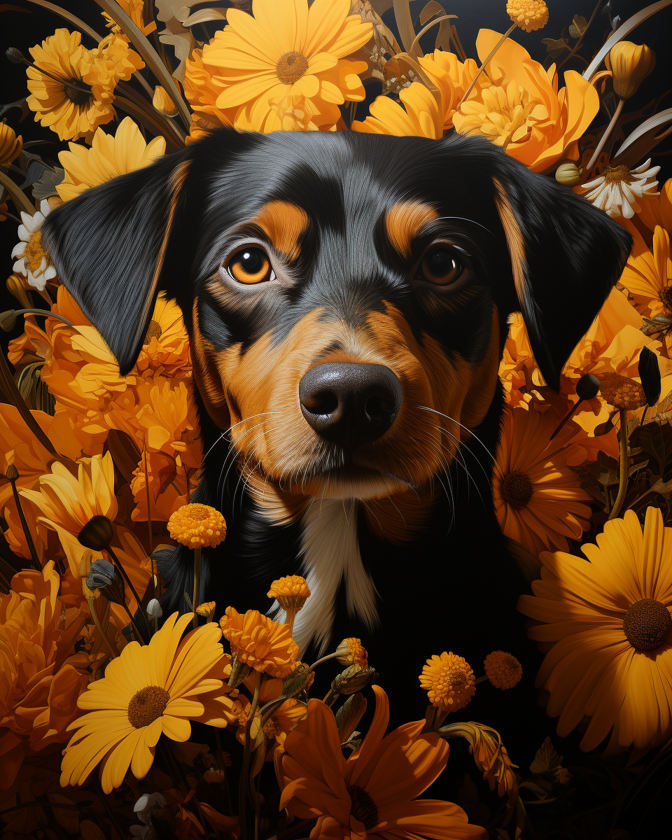 Art Deco puppy with yellow flowers