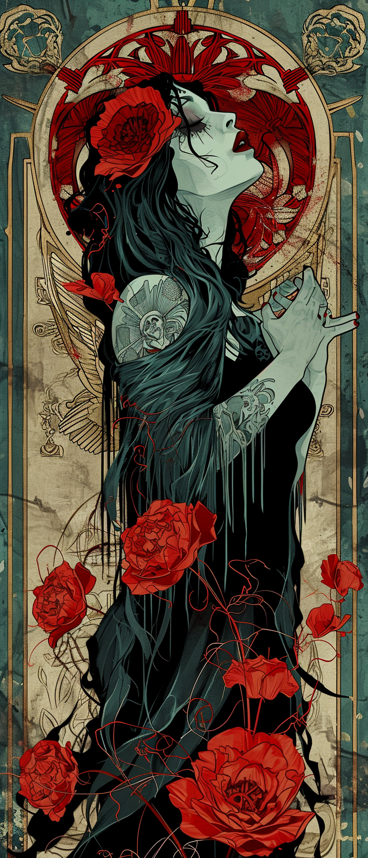 Art Nouveau Dark Aquamarine Red Comic Book