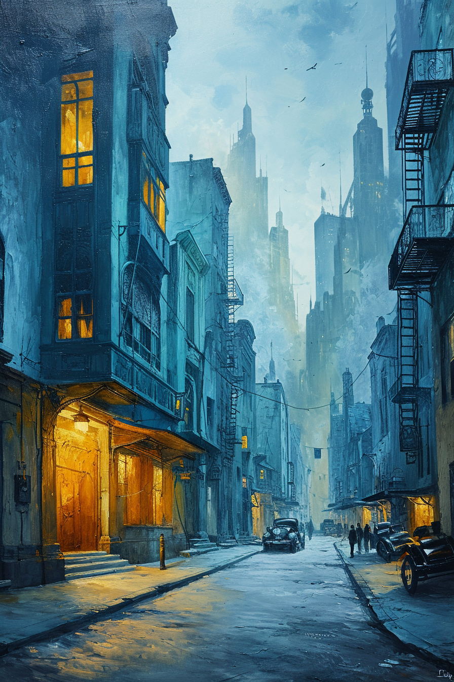 Art Deco urban scene in blue and yellow