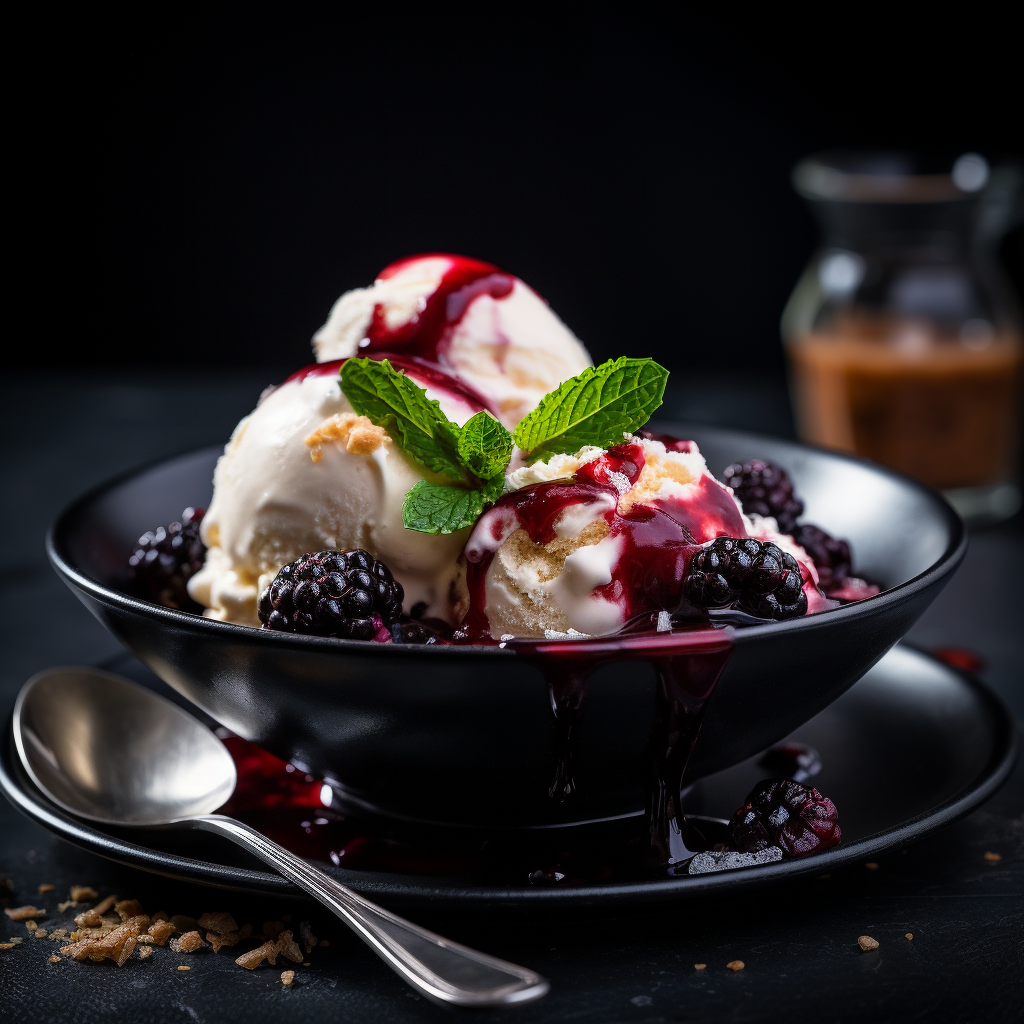 Artisanal yogurt ice cream with Italian Amarena syrup in a bowl