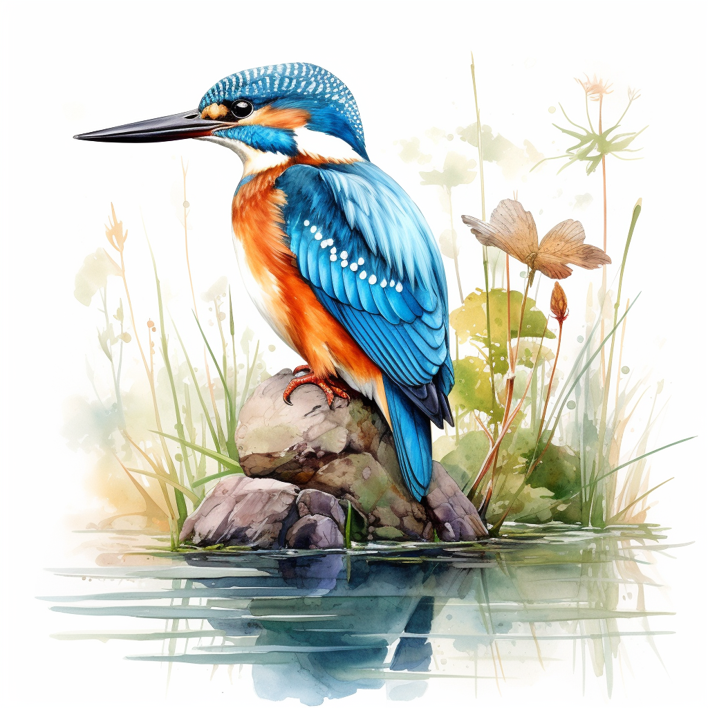 Detailed watercolour kingfisher in British countryside