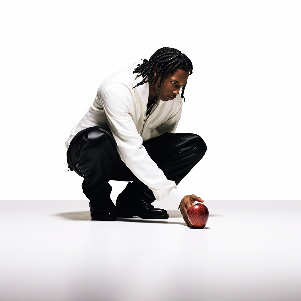 ASAP Rocky drops an apple on white background