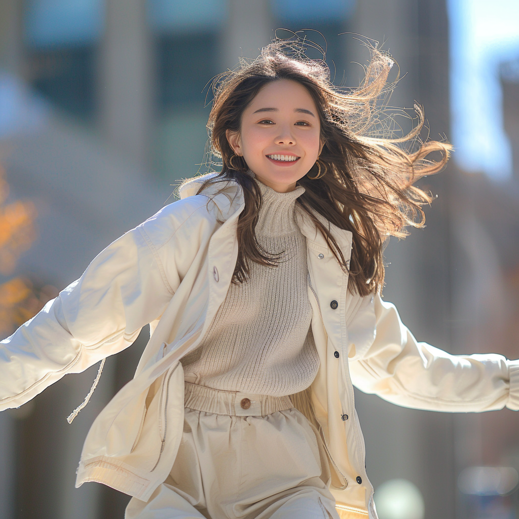 Asian female fashion model jumping white jacket