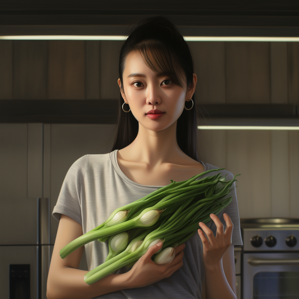 Asian food influencer holding spring onions