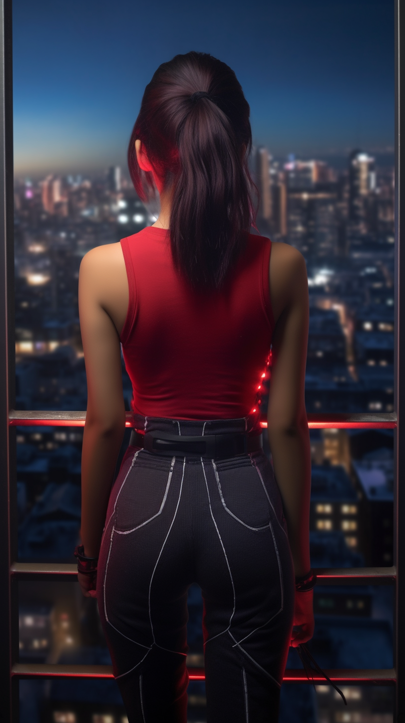 Asian girl staring at night city view