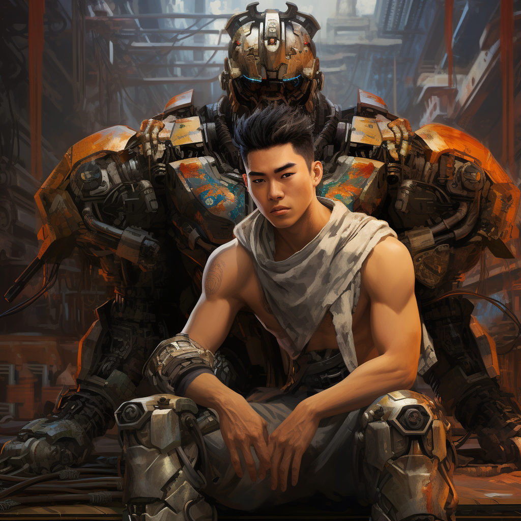 Asian guy futuristic armor sitting big robot