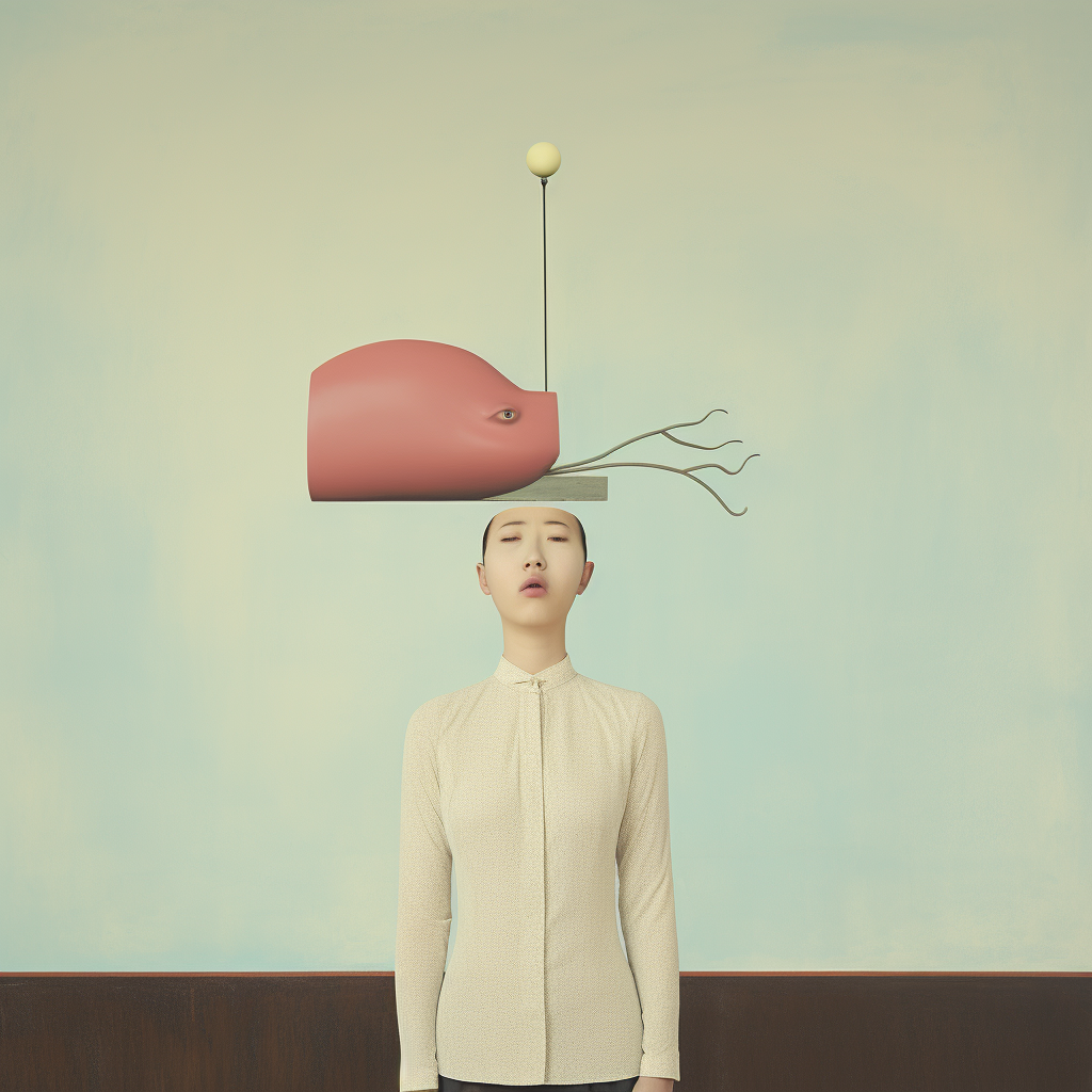 Minimalistic surreal artwork of an Asian woman in a brain drain system