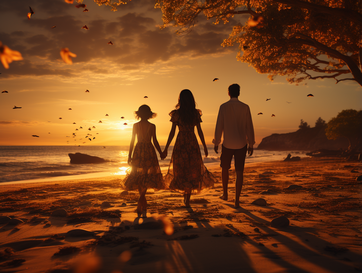 Happy Asian Family Enjoying Sunset in Bali