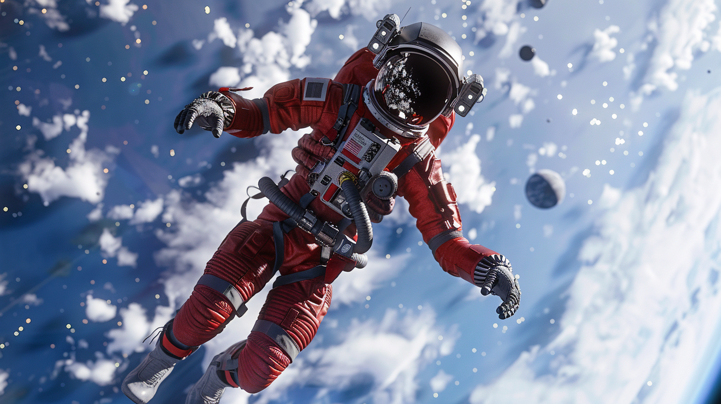 Astronaut in red suit floating