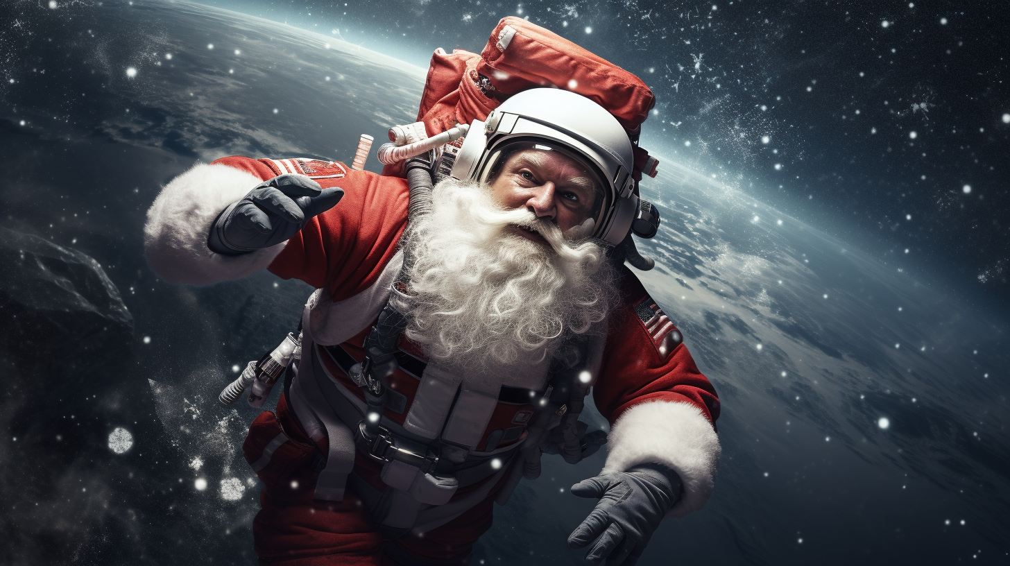 Astronaut with Santa Hat Floating in Space